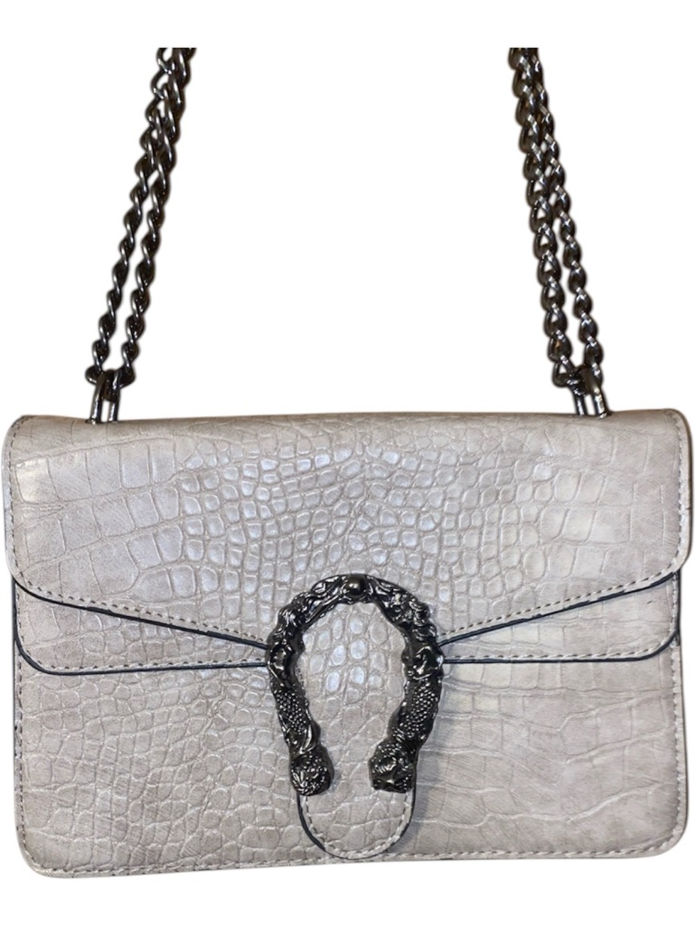 Silver Croc-Embossed Chain Shoulder Bag